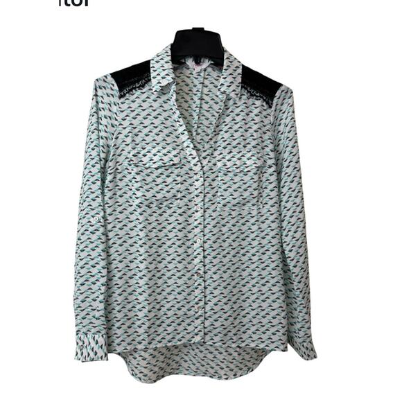 Candie’s XS Geometric Button Blouse Lace Shoulder Long Roll Tab Sleeve Top - Picture 1 of 13